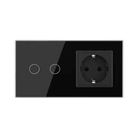 Двухклавишный проходной сенсорный выключатель с розеткой (2-0) чёрный