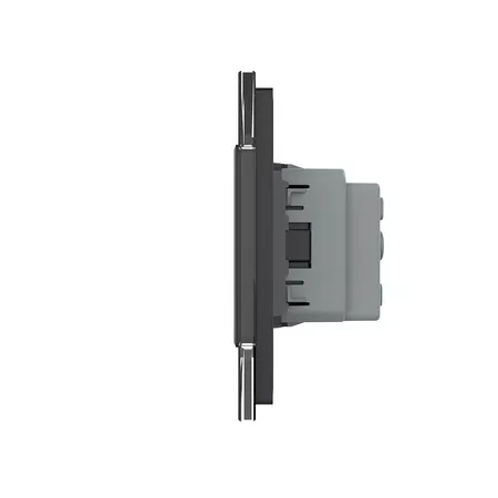Двухклавишный проходной сенсорный выключатель с розеткой (2-0) чёрный