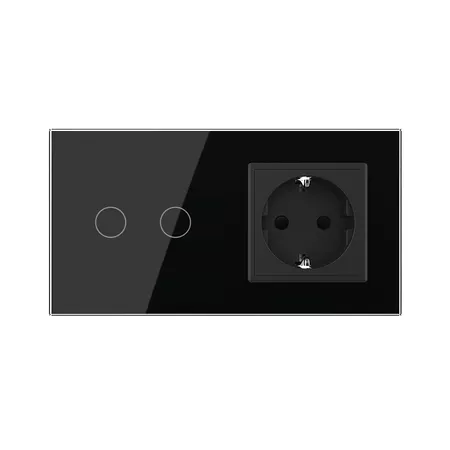 Двухклавишный импульсный сенсорный выключатель с розеткой (2-0) чёрный